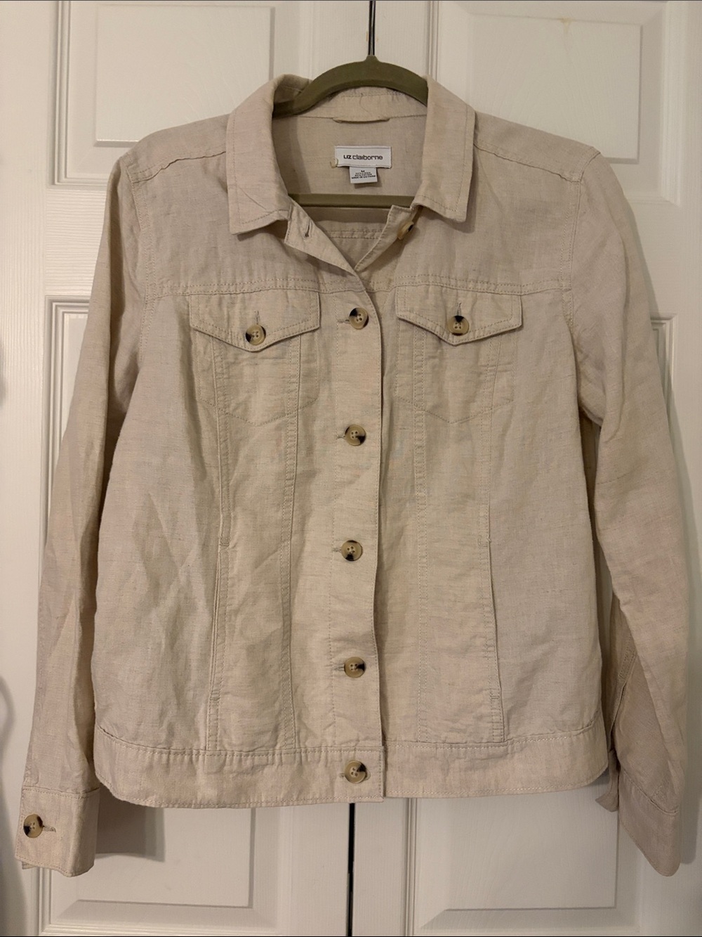 Liz Claiborne Beige/Cream Button-Front Linen-Blend Jean Jacket Size Medium